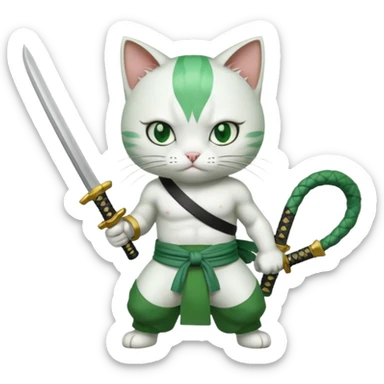 un gato blanco con reeferencia a roroa zoro "una espada en cada mano y una en la boca sticker