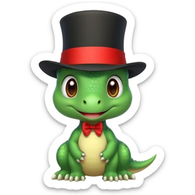 A very cute and adorable green anthropomorphic baby dinosaur with a red top hat sticker