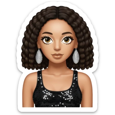 Solange with long dark brown hair, black sequin crop top, black sequin pants sticker