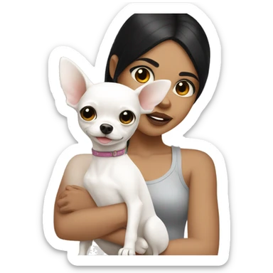 girls with black hair holding her white chihuahua  sticker