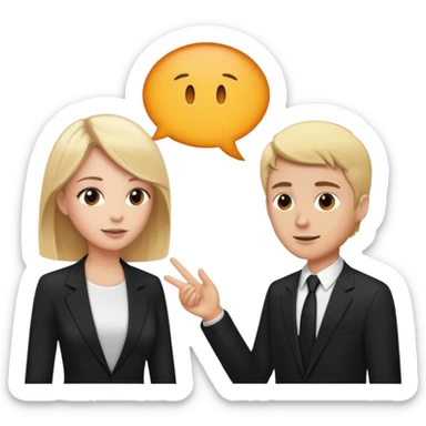 blonde woman in black suit talking to brown-haired man in white t-shirt sticker