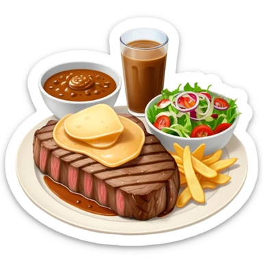 big juicy australian steak meal featuring chips, small salad in a ramikan and gravy in a small bowl on the plate sticker