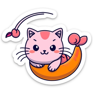 shrimp with a cat head, pink shrimp body with orange cat face sticker