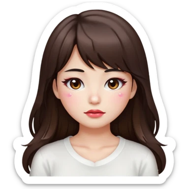“japanese style Emoji brunette girl long hair with side bangs white top, dewy skin, heavy blush across cheeks and nose bridge, glossy cherry lips, soft eyeliner, teary sparkling eyes sticker