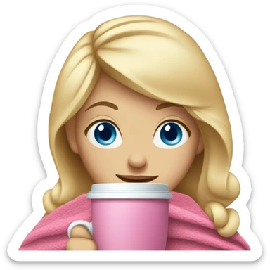 a blonde girl with blue eyes drinking coffee with a pink blanket around her shoulders sticker