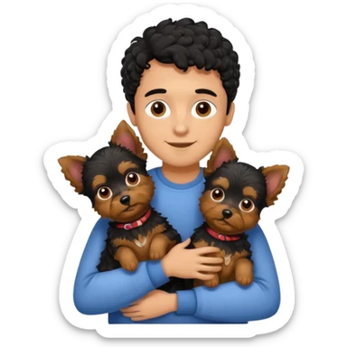 Young man with little brown skin, black curly hair, cheerful dark brown eyes, hugging two Yorkie dogs sticker