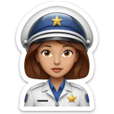 woman with brown hair and brown eyes.  space ship captain with white hat sticker