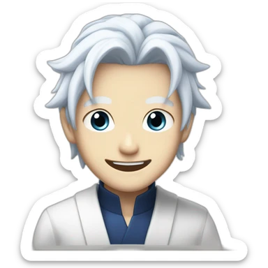 Satoru Gojo with his blue eyes,long medium white hair and a big friendly smile sticker