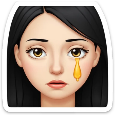 A woman in her late 20s with black hair with tears in her eyes and a look of hunger sticker