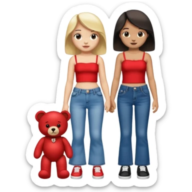 A boy and a girl teddy bear for the boy bear put on true religion shirt and jeans with black shoes and for the girl put flare jeans and a red tube top and white shoes just bears not the humans  sticker
