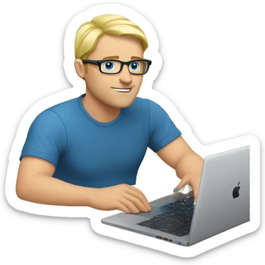 man looks 35 classes, european, tech nerd love , blue shirt blond short hair, blue eyes with specs behind macbook on with electronics pcb on the desk sticker