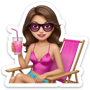 girl with long wavy brown hair, brown eyes, long lashes makeup, sexy pink lips, smiling, light to medium complexion, wearing a pink sexy silk top, relaxing in a beach chair, wearing black sunglasses, holding a drink, palm trees beach background  sticker