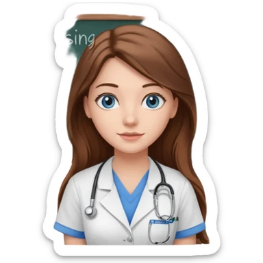 university classroom that says nursing school on the blackboard with a pretty female nursing student with long brown hair, blue eyes sticker