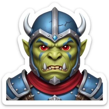 Fantasy Christmas orc legion soldier icon, iron tundra army theme, heavy winter armor, disciplined brutal look, dark icy steel armor with bold crimson cloth and markings, cold blue shadows, high contrast, clean emoji portrait style
 sticker