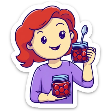 redhead woman with big smile holding a glass jar with jam in one hand and a little spoon with jam in other hand sticker