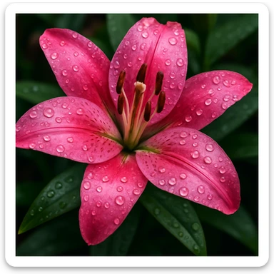 realistic style vibrant pink lily flower with water droplets sticker