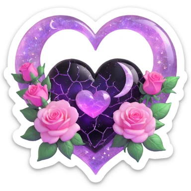 gothic heart made of rose quartz glass, silver crescent moon, pink roses, holographic stardust, neon purple lightning, wet and cracked glass sticker