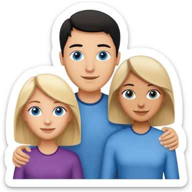 Blond woman blue eyes on left. Man with black hair and greye eye in the middle. Brown hair woman with greye eyes on the right. Happy together sticker