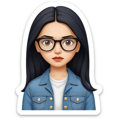 generate a pretty bratz emoji 
Make her wear a white dress with a denim jacket over it.long  black hair in a side part 

She should look exactly  like Deepika padukone! wearing tiny rectangular spectacle, looking sad sticker