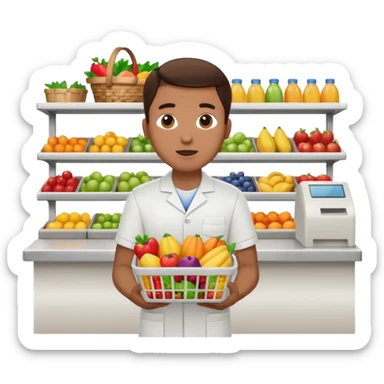 Supermarket employee at a cash register, full body, serving a man surprised sticker