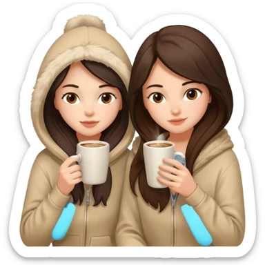 2 brunette girls sitting cozily in a beige fur hoodie sipping coffee sticker