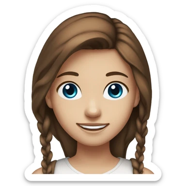 20 year old girl, dark blue eyes, long brown hair out, smiling, blue eyes. white skin sticker