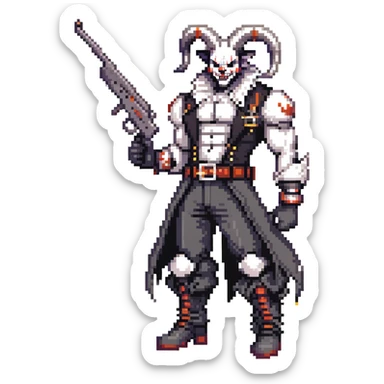 full-body muscular demonic clown, battle-ready, black and white leisure suit with bellbottom pants, bald, black ram horns, flashy black and white belt, ruffled white shirt, no neck tie, large fangs, holding very large futuristic rifle sticker