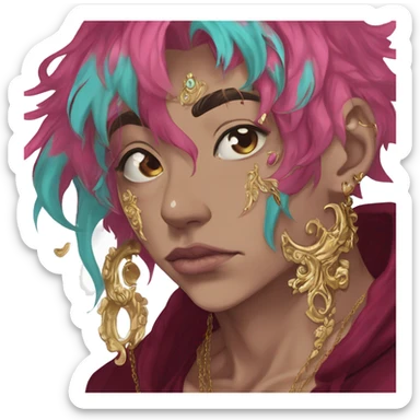 Vintage patina intricate swirls gold jewellery baroque golden raven tropical Deep pink maroon burgundy cyan dark hoodie man vitiligo dyed hair gold piercings nose piercing ear piercings sticker