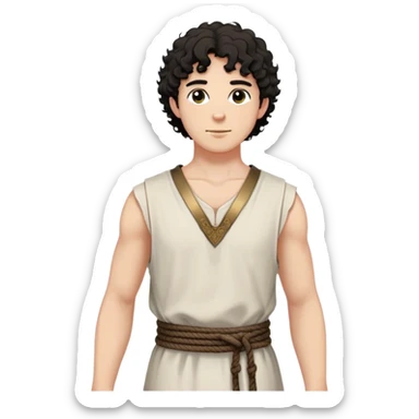 medieval summer outfit worn by a DnD themed fantasy male character. basic sleeveless cotton tunic with a V-shaped neckline and a thin rope belt. clothes only above the waist. The clothes full waist. The character's haven't arms. character is white-skinned, black hair, brown eyes, short curly hair. sticker