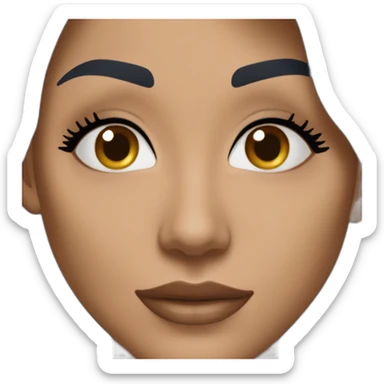 Beautiful woman with long dark brown hair, big almond shape brown eyes wirh long eyelashes, pretty smile with medium full lips, defined jawline, medium size nose, wearing a navy power suit  sticker