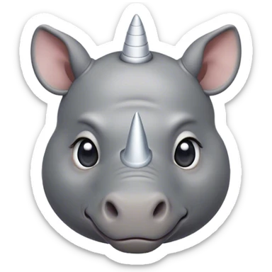 Cinematic Cute Rhinoceros Portrait Emoji, Head tilted playfully and inquisitively, featuring a rugged, glossy slate-gray hide with a gentle, rounded white horn and round, sparkling eyes filled with curious wonder, Simplified yet irresistibly adorable features, highly detailed, glowing with a warm, friendly glow, high shine, affectionate and mighty, stylized with a touch of ancient charm, bright and endearing, soft glowing outline, capturing the essence of a mischievous yet loving rhinoceros, so playful it feels like it could stomp out of the screen and into your arms! sticker