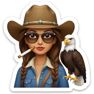 Country woman in cowboy hat with long brown hair with sunglasses with bald eagle on her shoulder and a cigarette in her mouth  sticker