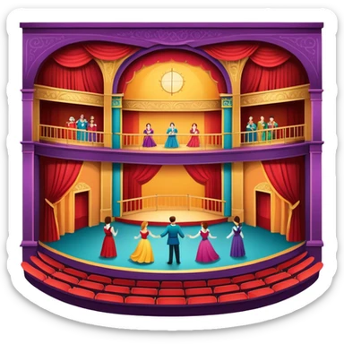 An icon showing a grand theater stage with actors performing in a vibrant play, surrounded by dramatic lighting. The audience watches from colorful balconies, adding to the lively atmosphere. The design captures the magic of live theater, set against a transparent background. sticker