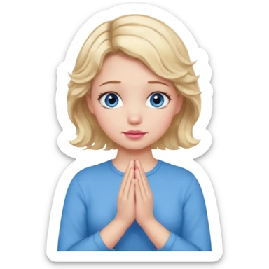Girl Blonde short wavy hair,  blue eyes, cute blue top, long lashes, pink lips, praying hands sticker