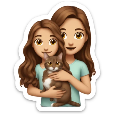 A girl with long wavy brown hair and brown eyes holds a small red lop-eared cat. sticker