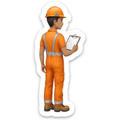Indian male railway engineer orange overalls, boots holding a clipboard back view sticker