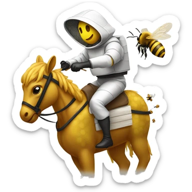 beekeeper wearing a fencing Veil style bee sute riding a horse with honey following him sticker