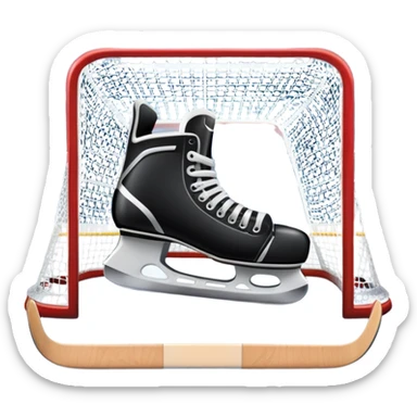 An icon showing a hockey stick, puck, skates, and goalposts on the ice. The background features a large hockey stadium with cheering fans, bright lights, and a snowy landscape visible through the arena. Transparent background highlights the main hockey equipment and atmosphere. sticker