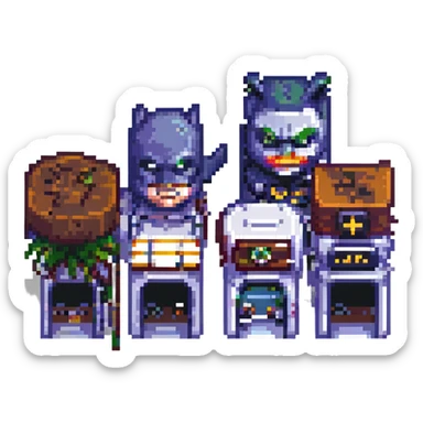 Wide pixel art background of a dark Gotham City street. Empty road with sidewalk, flickering lamppost casting light, trash bins nearby, distant shadowy silhouettes. Tall buildings in the background, moody atmosphere, subtle rain or fog. sticker