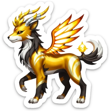 Solarpunk solar aesthetic shiny glowing divine lighting glimmering shimmering Houndoom-Solgaleo-Tigress-Luxray-Trico-Gryphon-fusion (full body) sticker