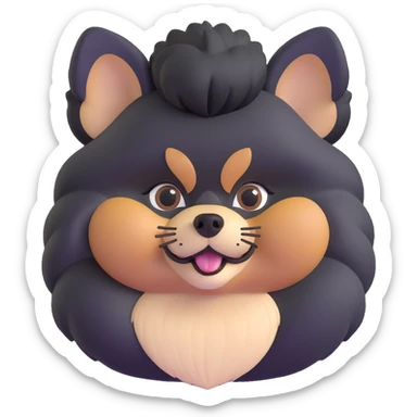 fluffy black and tan Pomeranian dog face, big dark eyes, black button nose, tan muzzle, tan eyebrow spots, thick fluffy fur, upright triangular ears with gray tips, friendly and cute sticker