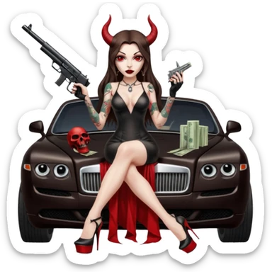 Lilith model red eye sexy black  devil horns.  long brown haired sexy succubus woman with leather long dress slit, sitting on rolls Royce. Wearing Black Platform high heels on feet. Tattoo sleeve arms, dead human skull of her ex skull is on top of stack of cash and a gun in  hand sticker