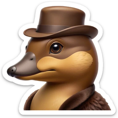 Cinematic Noble Platypus Portrait Emoji, Poised and regal, with a uniquely streamlined build and a sleek brown fur, a distinctive flat duckbill and broad, beaver-like tail, deep-set soulful eyes full of wonder, Simplified yet sharp and sophisticated features, highly detailed, glowing with a soft, dignified glow, high shine, intelligent and enigmatic, stylized with an air of aquatic curiosity, focused and attentive, soft glowing outline, capturing the essence of a watchful and confident oddity, so majestic it feels as though it could glide out of the screen with effortless authority! sticker