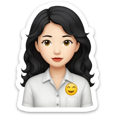 Asian woman, black hair, long permed wavy hair, white button-up shirt, emoji style, flat colors, transparent background. sticker