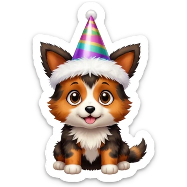 A black and brown tortoiseshell pointy ear puppy without white with pointy ears with party hat sticker