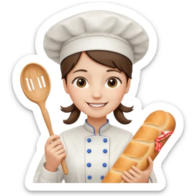 Young female baker - white chef hat, holding cream piping bag and bread sticker