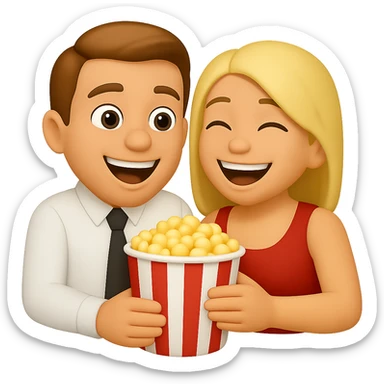 Two emoji characters watching a movie together, sitting side by side with popcorn, looking at a screen, joyful expressions, transparent background. sticker
