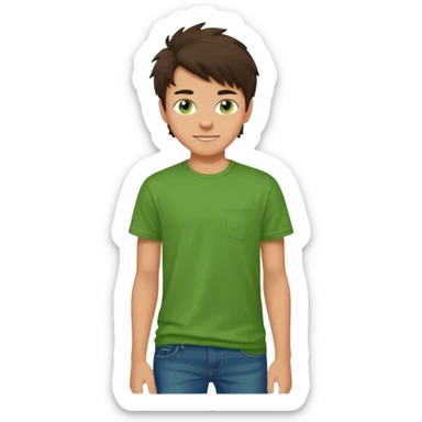 A 14 yerar old teenage boy, slightly tanned, wearing a green t-shirt , blue jeans and green sneakers with dark brown tousled hair, smirking sticker