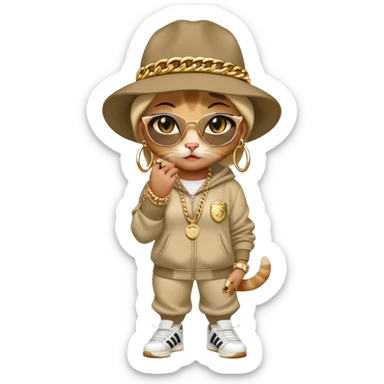 female cat wearing Run DMC hip-hop outfit with tracksuit, fedora, Adidas sneakers, many gold chains, rings, bracelets, flashy earrings, whispering to a friend, no sunglasses sticker