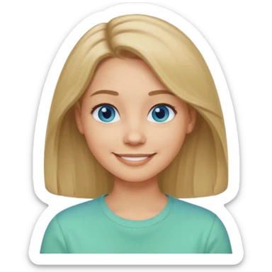 A woman with light skin, longer shoulder-length dark blonde hair, blue eyes, smiling face, wearing a casual pastel green shirt. The emoji should be in Apple-style, minimalistic, colorful, and round-faced. Show only the face or bust (not full body). sticker